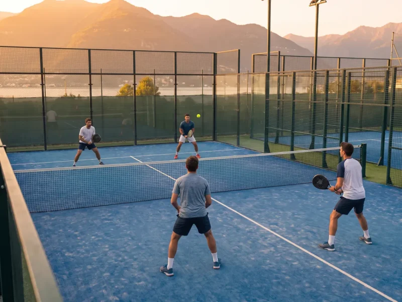 Two padel doubles teams facing each other across the net with the ball in flight, Lake Maggiore