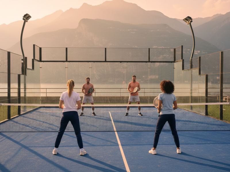 Two padel doubles teams facing each other across the net during a corporate team building session, Lake Maggiore